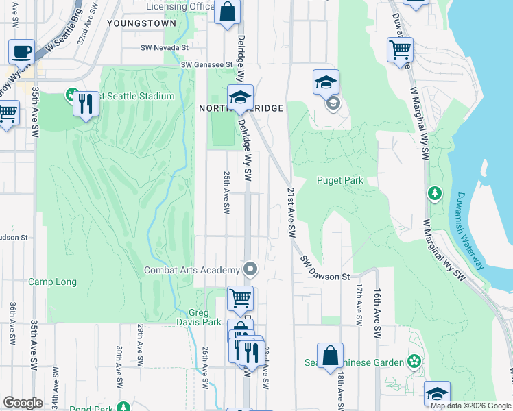 map of restaurants, bars, coffee shops, grocery stores, and more near 4804 Delridge Way Southwest in Seattle