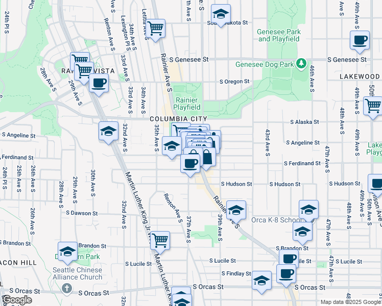 map of restaurants, bars, coffee shops, grocery stores, and more near 4825 Rainier Avenue South in Seattle