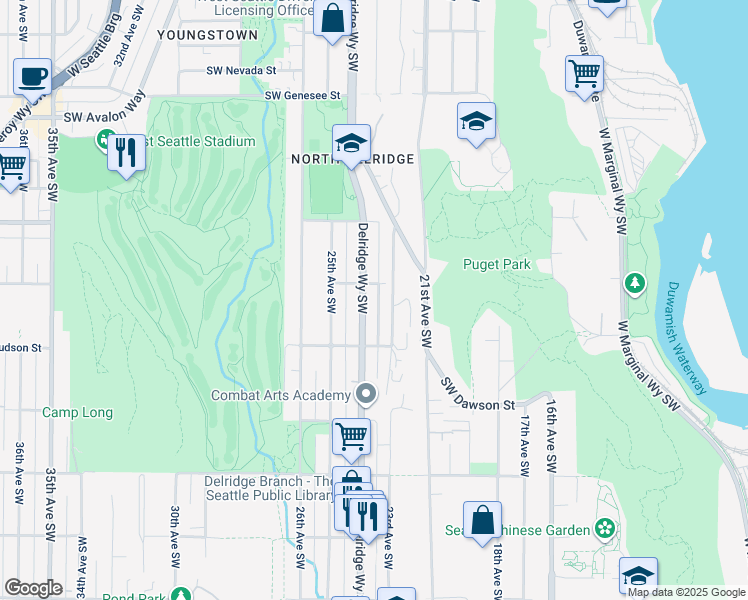 map of restaurants, bars, coffee shops, grocery stores, and more near 4804 Delridge Way Southwest in Seattle
