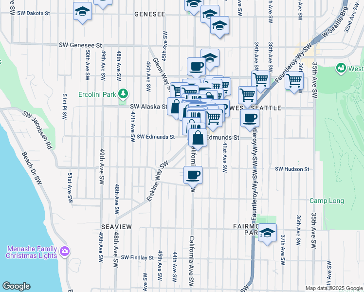 map of restaurants, bars, coffee shops, grocery stores, and more near 4823 Erskine Way Southwest in Seattle