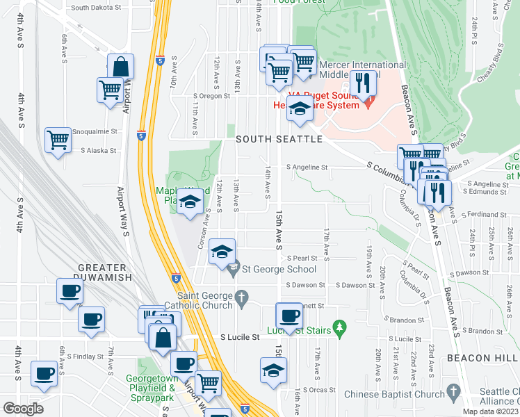 map of restaurants, bars, coffee shops, grocery stores, and more near 1330 South Ferdinand Street in Seattle
