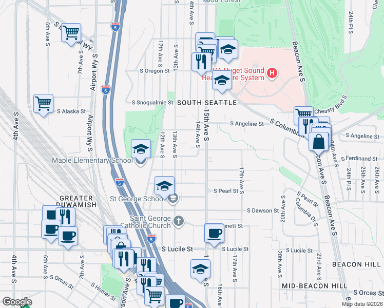 map of restaurants, bars, coffee shops, grocery stores, and more near 1330 South Ferdinand Street in Seattle