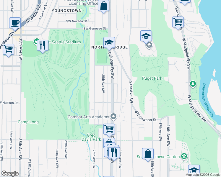 map of restaurants, bars, coffee shops, grocery stores, and more near 4813 Delridge Way Southwest in Seattle