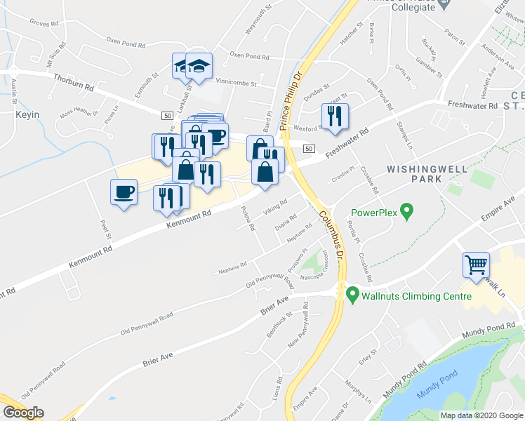map of restaurants, bars, coffee shops, grocery stores, and more near 66 Viking Road in St. John's