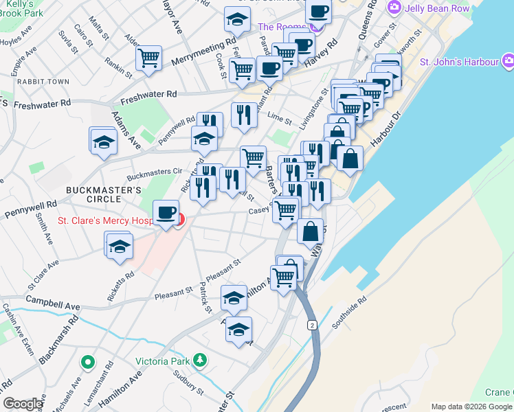 map of restaurants, bars, coffee shops, grocery stores, and more near in St. John's