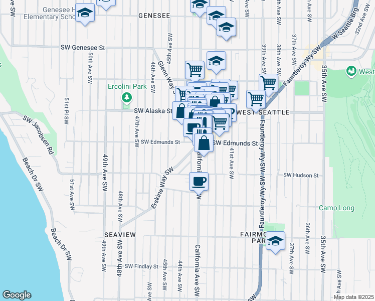 map of restaurants, bars, coffee shops, grocery stores, and more near 4823 Erskine Way Southwest in Seattle