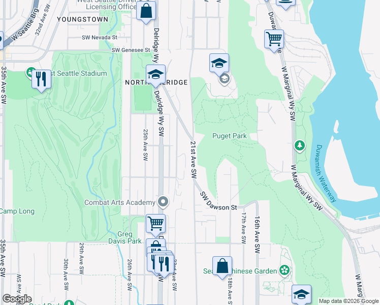 map of restaurants, bars, coffee shops, grocery stores, and more near 4803 21st Avenue Southwest in Seattle