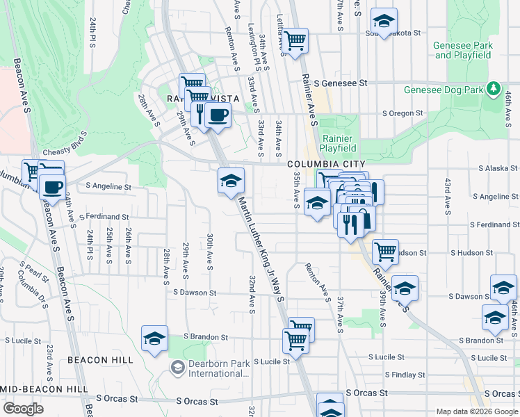 map of restaurants, bars, coffee shops, grocery stores, and more near 3220 South Edmunds Street in Seattle