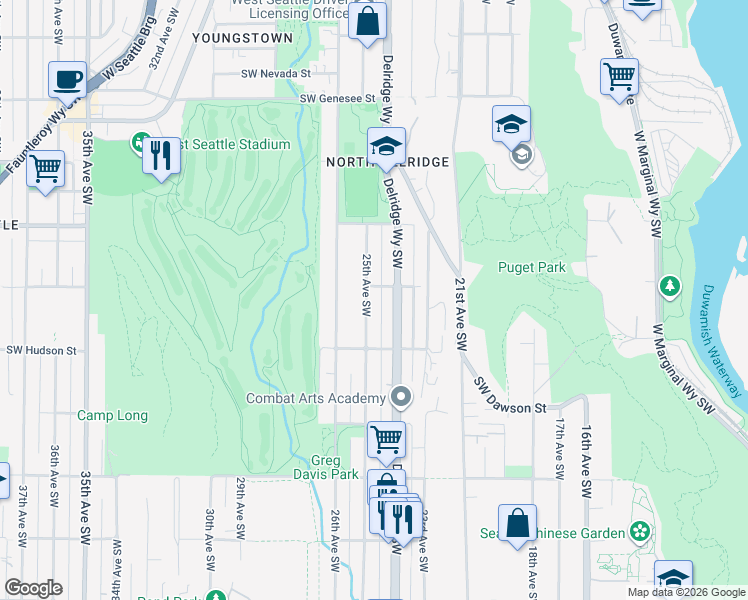map of restaurants, bars, coffee shops, grocery stores, and more near 4806 25th Avenue Southwest in Seattle