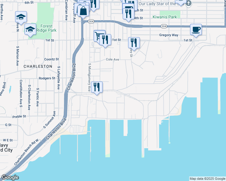map of restaurants, bars, coffee shops, grocery stores, and more near Farragut Ave in Bremerton