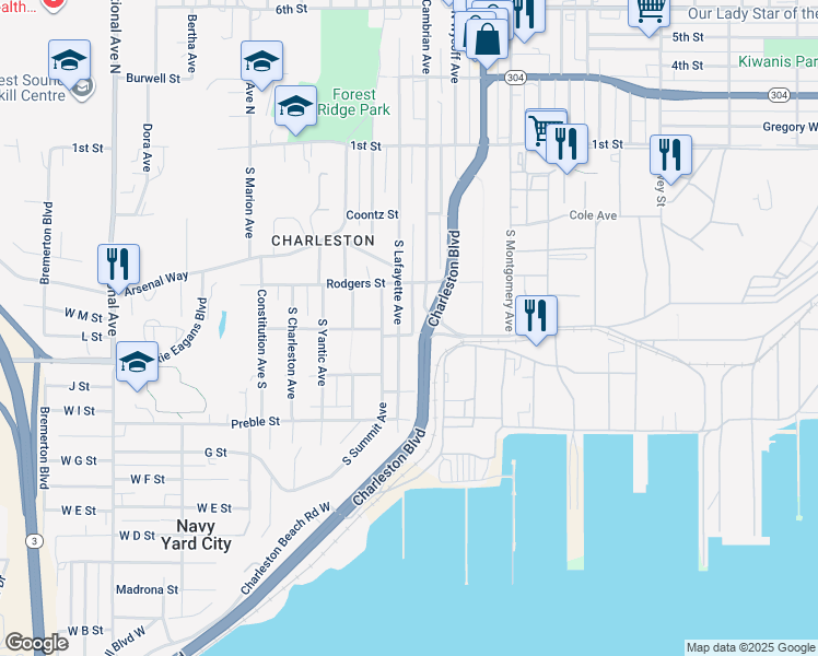 map of restaurants, bars, coffee shops, grocery stores, and more near 328 South Lafayette Avenue in Bremerton