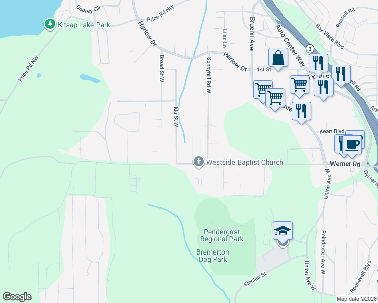 map of restaurants, bars, coffee shops, grocery stores, and more near 424 Skylark Drive West in Bremerton