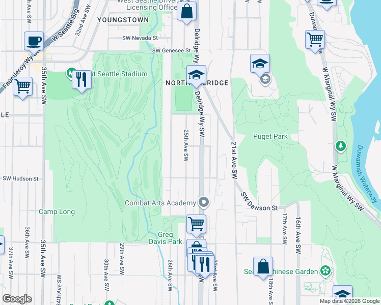 map of restaurants, bars, coffee shops, grocery stores, and more near 4806 25th Avenue Southwest in Seattle