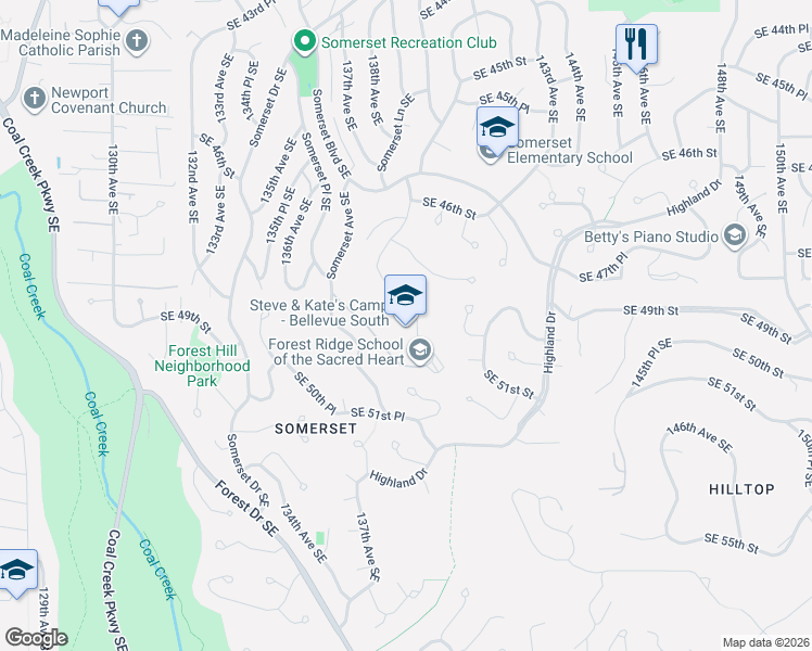 map of restaurants, bars, coffee shops, grocery stores, and more near 4800 139th Avenue Southeast in Bellevue