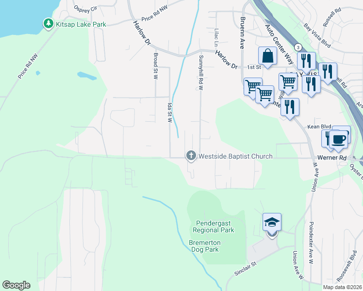 map of restaurants, bars, coffee shops, grocery stores, and more near 424 Skylark Drive West in Bremerton