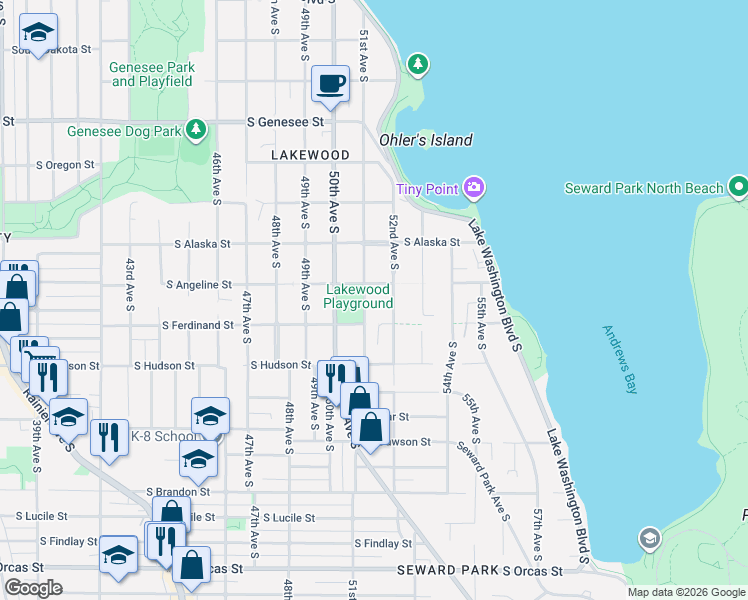 map of restaurants, bars, coffee shops, grocery stores, and more near 4814 51st Avenue South in Seattle