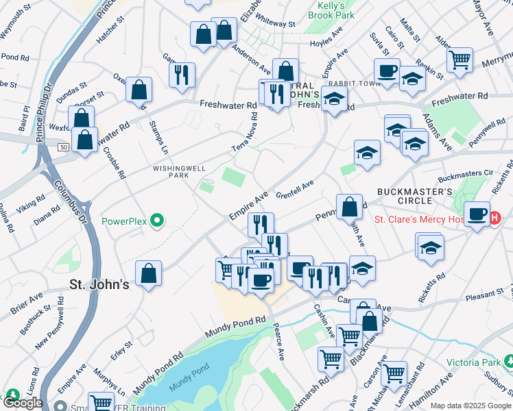 map of restaurants, bars, coffee shops, grocery stores, and more near 69 Cashin Avenue in St. John's