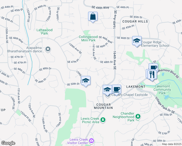 map of restaurants, bars, coffee shops, grocery stores, and more near 16083 Southeast 48th Drive in Bellevue