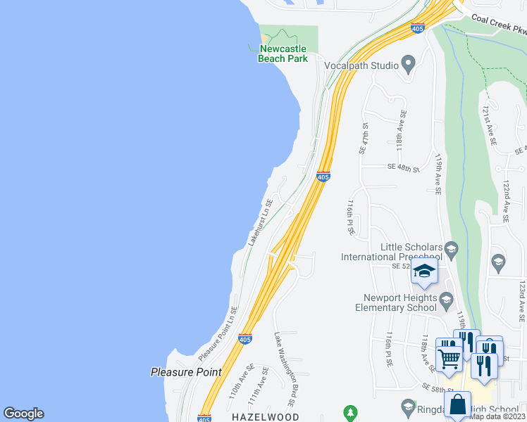 map of restaurants, bars, coffee shops, grocery stores, and more near 4861 Lakehurst Lane Southeast in Bellevue