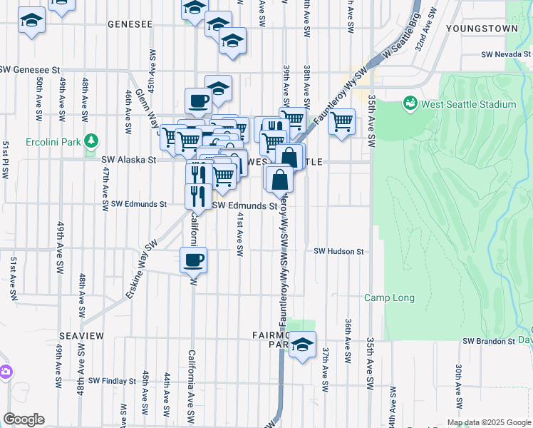 map of restaurants, bars, coffee shops, grocery stores, and more near 4801 Fauntleroy Way Southwest in Seattle