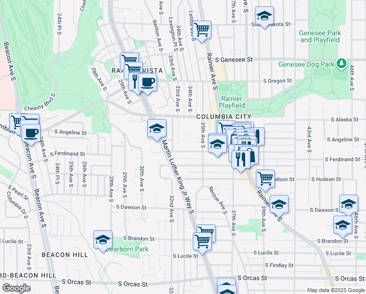 map of restaurants, bars, coffee shops, grocery stores, and more near 3220 South Edmunds Street in Seattle
