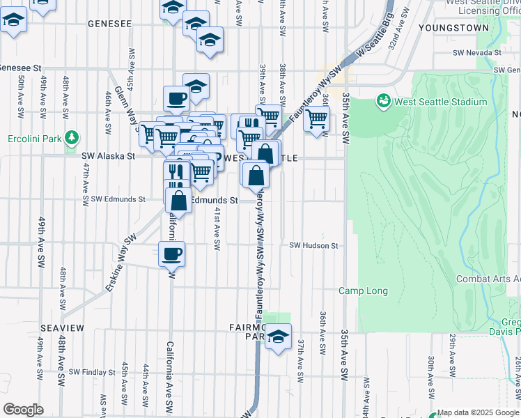 map of restaurants, bars, coffee shops, grocery stores, and more near 4831 Fauntleroy Way SW in Seattle
