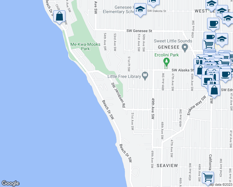 map of restaurants, bars, coffee shops, grocery stores, and more near 5233 Southwest Jacobsen Road in Seattle