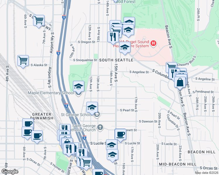 map of restaurants, bars, coffee shops, grocery stores, and more near 4865 14th Avenue South in Seattle