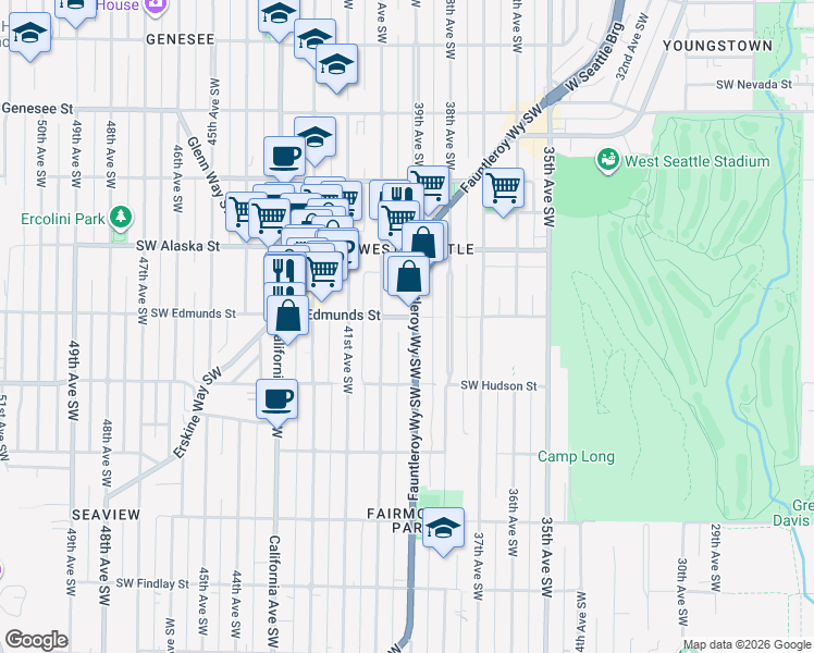 map of restaurants, bars, coffee shops, grocery stores, and more near 4801 Fauntleroy Way Southwest in Seattle