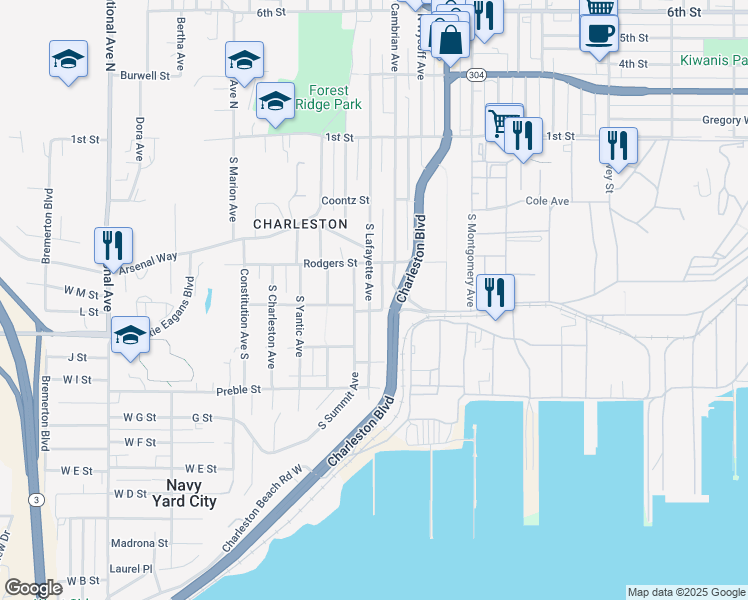 map of restaurants, bars, coffee shops, grocery stores, and more near 328 South Lafayette Avenue in Bremerton