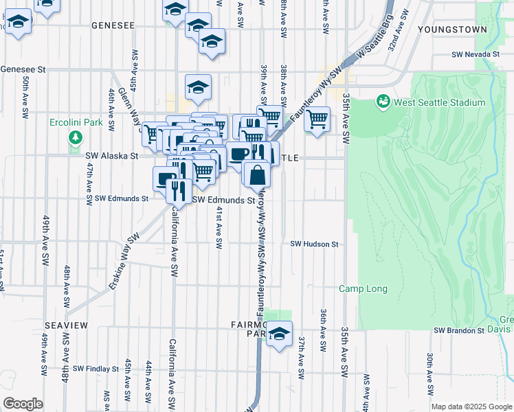 map of restaurants, bars, coffee shops, grocery stores, and more near 4801 Fauntleroy Way Southwest in Seattle