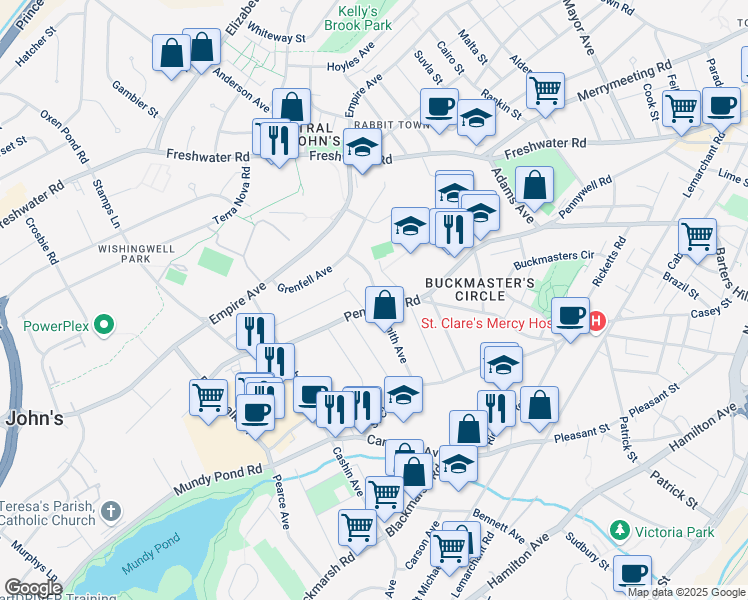 map of restaurants, bars, coffee shops, grocery stores, and more near 254 Pennywell Road in St. John's