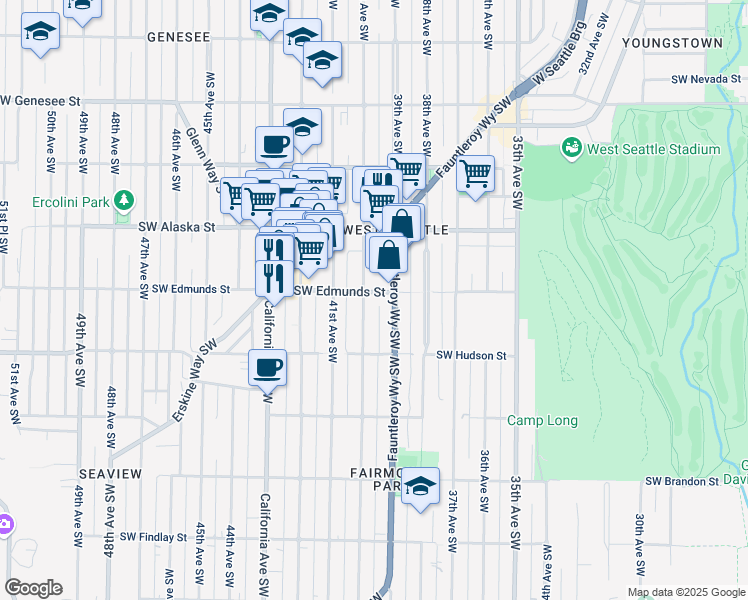map of restaurants, bars, coffee shops, grocery stores, and more near 4801 Fauntleroy Way Southwest in Seattle