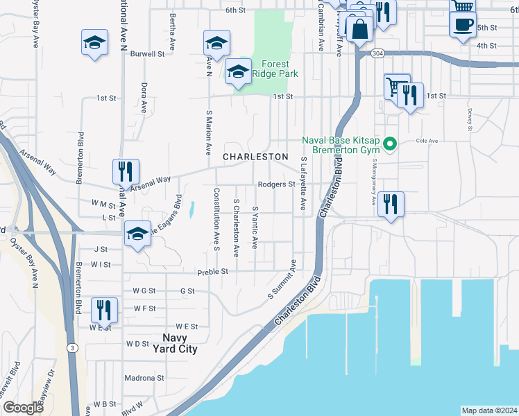 map of restaurants, bars, coffee shops, grocery stores, and more near 3216 Farragut Street in Bremerton