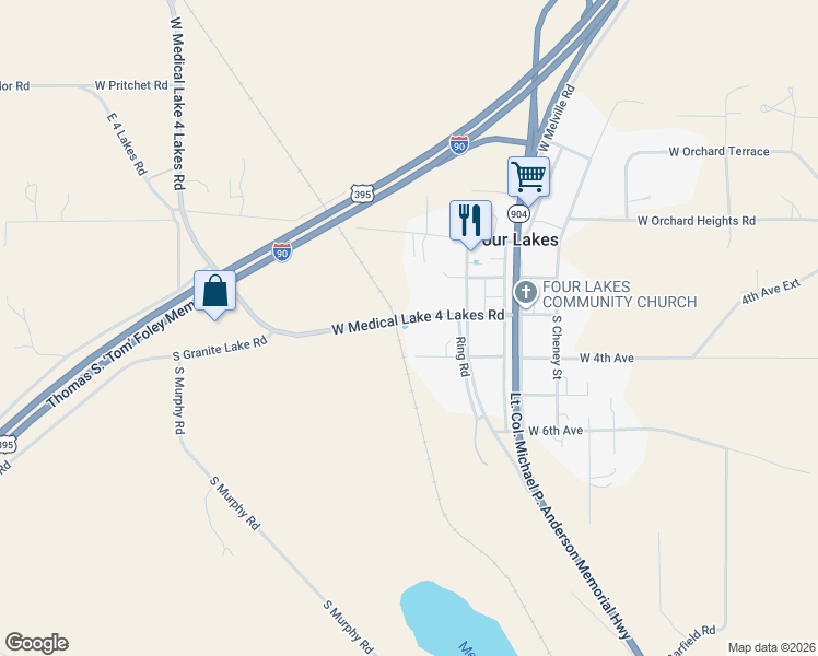 map of restaurants, bars, coffee shops, grocery stores, and more near 13303 West Medical Lake 4 Lakes Road in Medical Lake