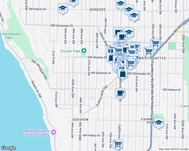 map of restaurants, bars, coffee shops, grocery stores, and more near 4807 46th Avenue Southwest in Seattle