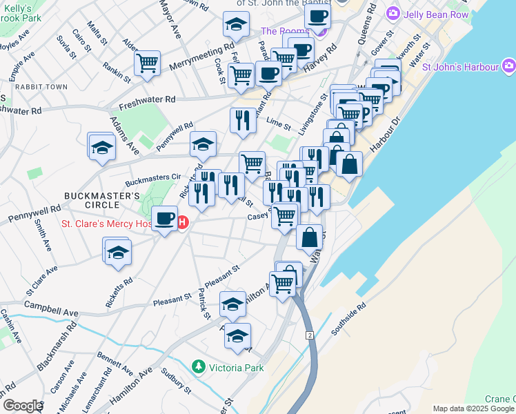 map of restaurants, bars, coffee shops, grocery stores, and more near 56 Brazil Street in St. John's