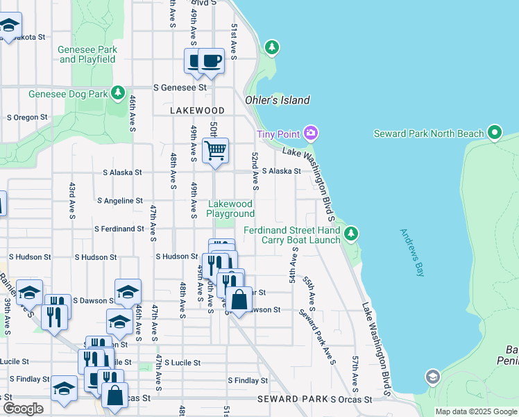 map of restaurants, bars, coffee shops, grocery stores, and more near 4808 52nd Avenue South in Seattle