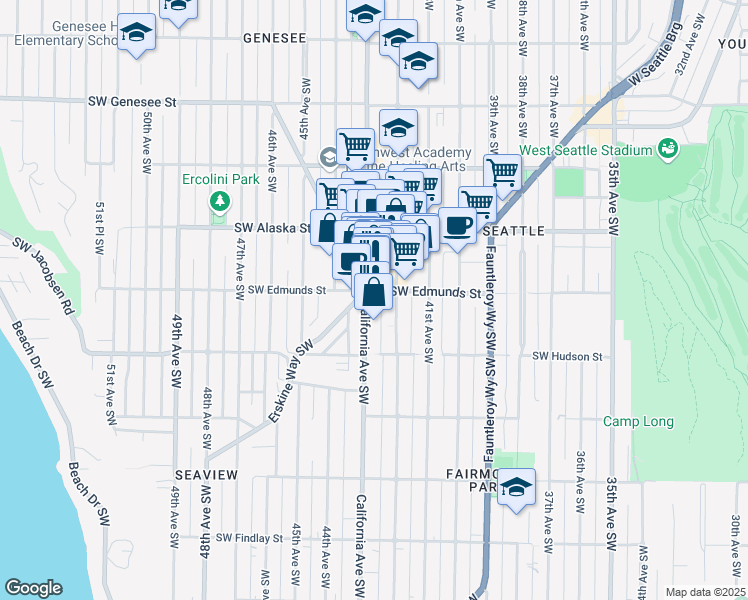 map of restaurants, bars, coffee shops, grocery stores, and more near 4820 California Avenue Southwest in Seattle