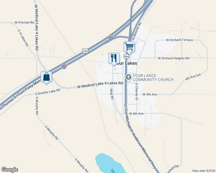 map of restaurants, bars, coffee shops, grocery stores, and more near 13203 West Medical Lake 4 Lakes Road in Four Lakes