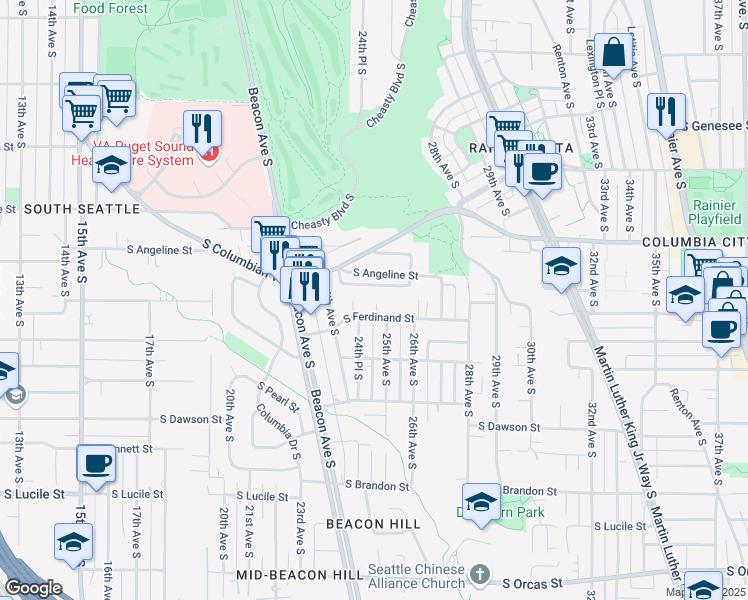 map of restaurants, bars, coffee shops, grocery stores, and more near 2460 South Ferdinand Street in Seattle