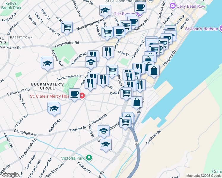 map of restaurants, bars, coffee shops, grocery stores, and more near 55 Brazil Street in St. John's
