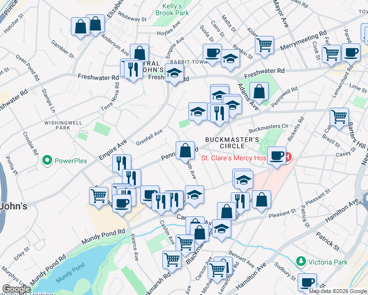 map of restaurants, bars, coffee shops, grocery stores, and more near 252 Pennywell Road in St. John's