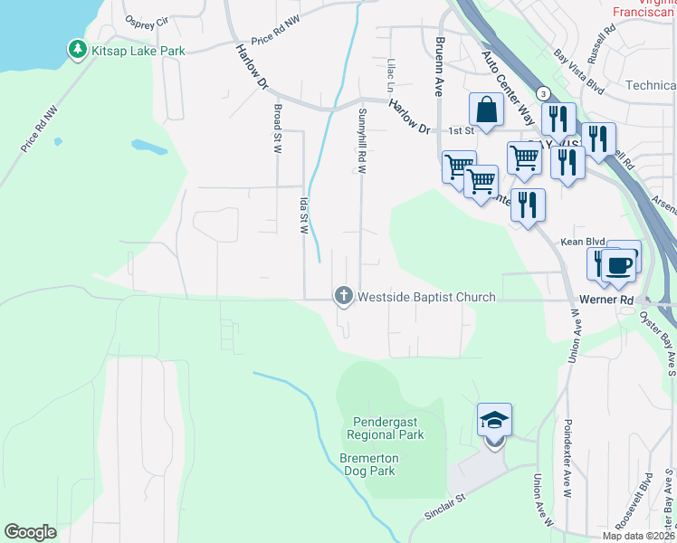 map of restaurants, bars, coffee shops, grocery stores, and more near 424 Skylark Drive West in Bremerton