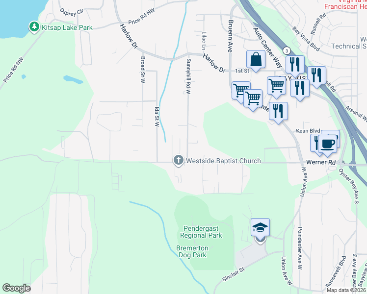 map of restaurants, bars, coffee shops, grocery stores, and more near 429 Sunnyhill Road West in Bremerton