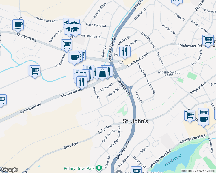 map of restaurants, bars, coffee shops, grocery stores, and more near 55 Viking Road in St. John's