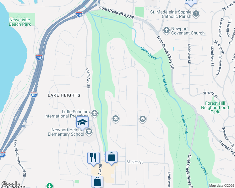 map of restaurants, bars, coffee shops, grocery stores, and more near 4912 122nd Avenue Southeast in Bellevue