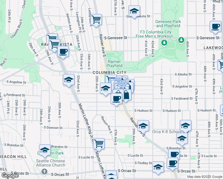 map of restaurants, bars, coffee shops, grocery stores, and more near 4825 Rainier Avenue South in Seattle