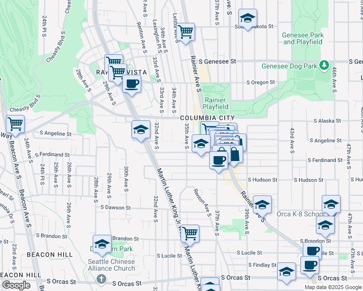 map of restaurants, bars, coffee shops, grocery stores, and more near 4791 35th Avenue South in Seattle