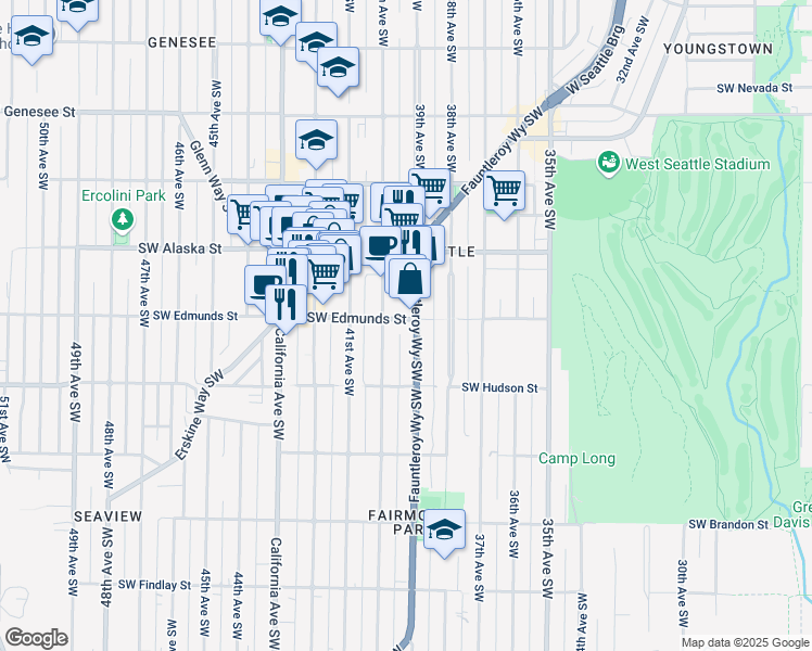 map of restaurants, bars, coffee shops, grocery stores, and more near 4801 Fauntleroy Way Southwest in Seattle